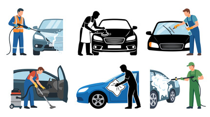 Naklejka premium Professional vector collection featuring different car wash worker poses, spraying vehicle, polishing car, cleaning windshield, vacuuming interior, drying vehicle with towel