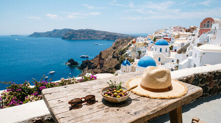 Obraz premium Santorini Vacation View: Table with Hat, Olives, Sunglasses, and Aegean Sea Scenery