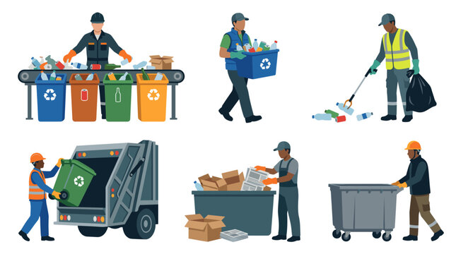Professional vector collection featuring different recycling worker poses, sorting recyclable materials, carrying recycling bin, collecting plastic waste, loading recycling truck