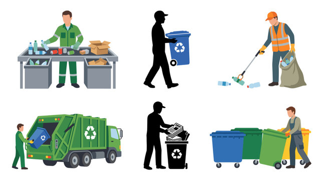 Professional vector collection featuring different recycling worker poses, sorting recyclable materials, carrying recycling bin, collecting plastic waste, loading recycling truck