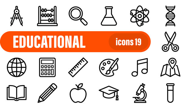 Set of 19 Educational and School Subject Outline Icons