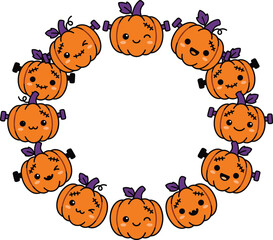 Fototapeta premium Cute Halloween Frankenstein pumpkin wreath vector border with orange and purple kawaii cartoon monster characters on white background