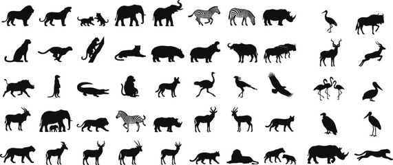 African Safari Animal Silhouette Vector Collection Featuring Lions, Elephants, Giraffes, Zebras, Rhinos, Antelopes, Birds and Wildlife Poses © MijanurRahman
