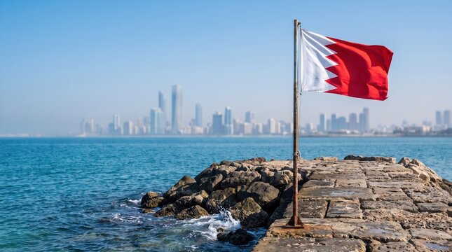 Bahraini flag waving proudly over a coastal city on Independence Day celebrations