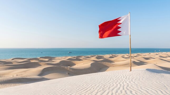 Bahraini flag waving proudly above desert dunes against the blue Persian Gulf on Independence Day