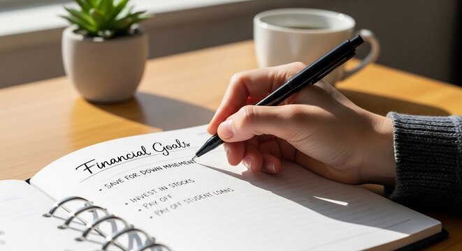Hand writing financial goals in a notebook on a wooden table with plant and mug