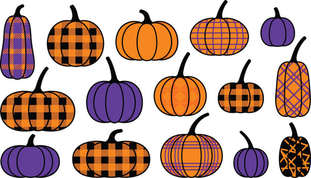 Halloween buffalo plaid pumpkin vector set with purple orange and black patterned autumn squash icons on white background