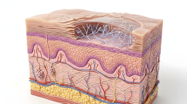 Cross section of human skin showing fungal infection and dermatophyte hyphae structure.
