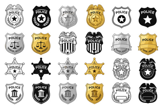 Police badge collection with law enforcement shield emblems in outline black silver and gold styles vector illustration