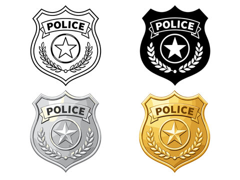 Police badge collection with law enforcement shield emblems in outline black silver and gold styles vector illustration