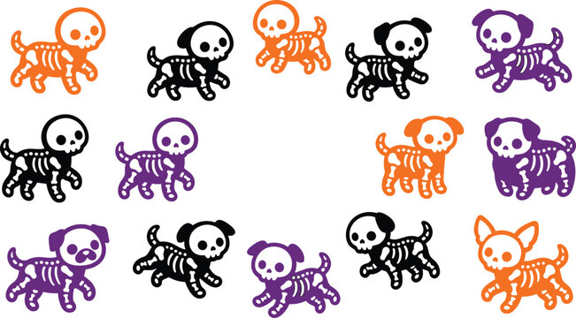 Cute Halloween dog skeleton frame vector border with spooky orange purple and black puppy bone characters on white background