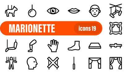 Fototapeta premium Marionette and Puppet Theatre Line Icon Set