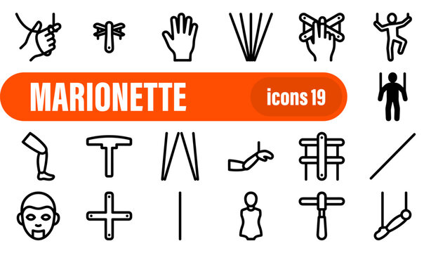 Marionette Performance and Strings Line Icon Set
