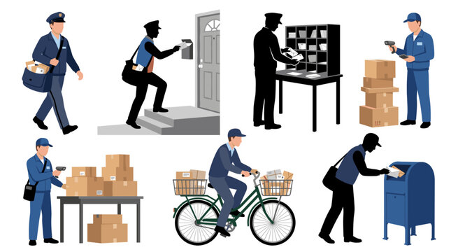 Set of vector collection featuring different postal worker poses, delivering mail, carrying mailbag, sorting letters, scanning packages, riding delivery bicycle, placing envelopes into mailbox