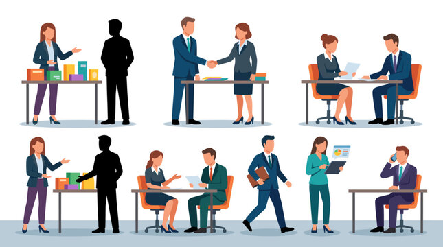 Professional vector collection featuring different sales representative poses, presenting products, shaking hands with customer, discussing contract, carrying sales folder, using tablet device