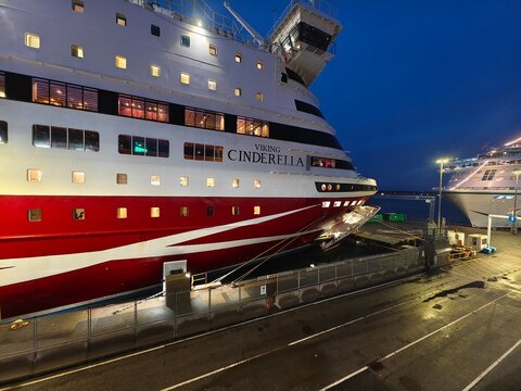 Stockholm, Sweden-Nov.28th 2025: Viking Line cruise ship "Viking Cinderella" docked at the pier at night.