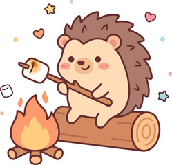 Fototapeta premium Cute Cartoon Hedgehog Roasting Marshmallow on Campfire Sitting on Log Kawaii Style Illustration