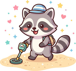 Naklejka premium Cute Cartoon Raccoon with Metal Detector on Sand Kawaii Style Vector Illustration