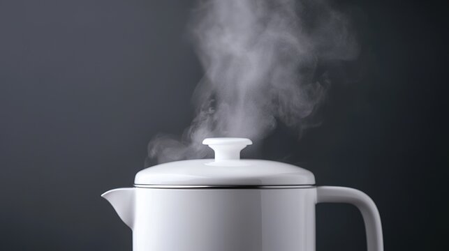 Close-up of steam rising from the spout of a white electric kettle