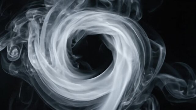 Swirling white smoke patterns forming a circular vortex on a black background, slow motion abstract motion graphics with copy space for text placement