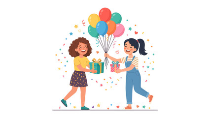 Fototapeta premium Gift Exchange and Celebration: Two smiling girls joyfully exchange presents under a cascade of colorful balloons and confetti, embodying the spirit of friendship and celebration.