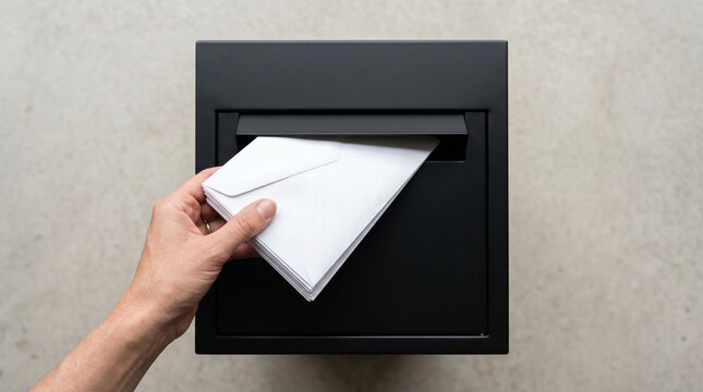 Hand inserting white envelope into modern black mailbox on textured wall