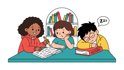Tired Students Studying: Three diverse students are at a table with books, one diligently studying, one looking bored, and one sleeping. A bookshelf filled with books is in the background.