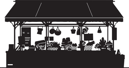 Fototapeta premium Black silhouette of a market stall with produce and cookware