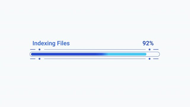 Flat vector illustration of a modern indexing files progress bar with percentage indicator, representing file indexing, data organization, software progress, and digital workflow.