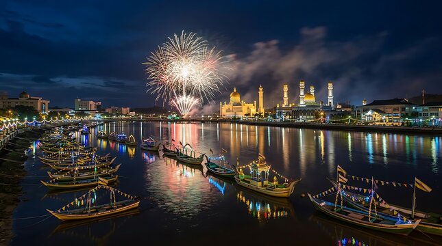 Stunning fireworks display over Omar Ali Saifuddin Mosque and traditional boats in Brunei Darussalam.