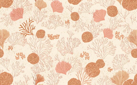 Seamless pattern with handdrawn coral reef elements in soft earth tones