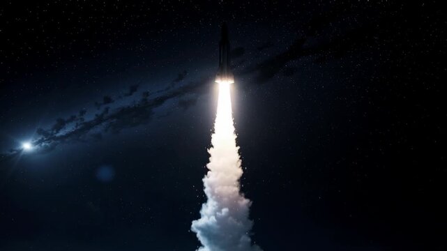 Night rocket launch into space with bright fiery exhaust and starry sky background