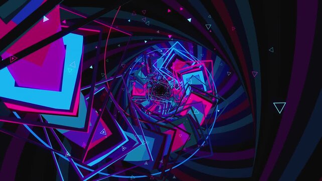 Abstract VJ digital vortex made of twisting square frames, spiral orbital paths and lattice arrays, for electronic music festivals, high-tech club visuals, stage screens and LED video walls