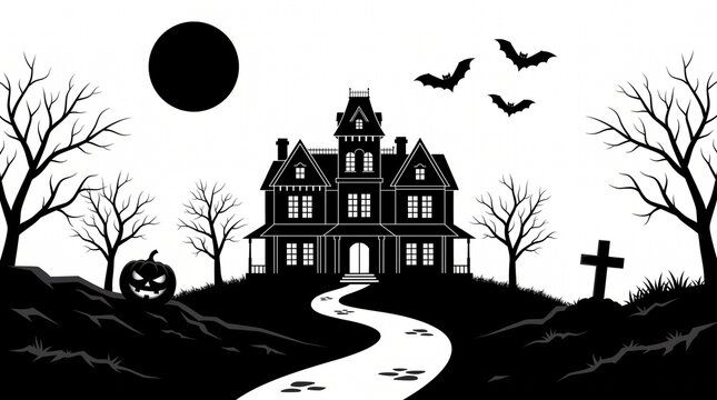 A spooky Halloween illustration featuring a haunted dark mansion with glowing windows, three carved jack-o'-lanterns, a leafless dead tree, and silhouettes of flying bats against a white background.