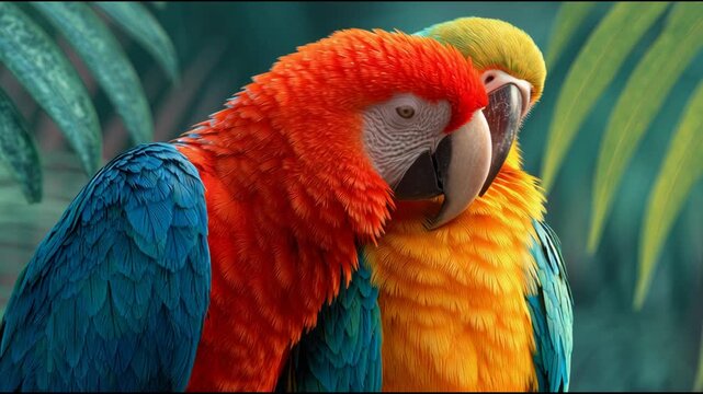 Two Colorful Macaws Perched Together in a Tropical Setting.