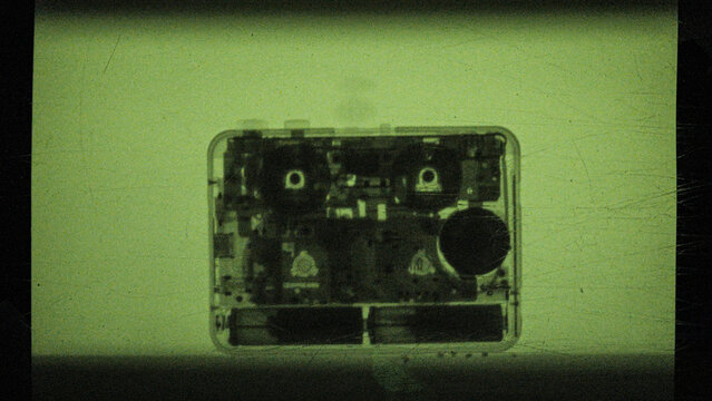 the process of creating an x-ray image of an old cassette player filmed on camera