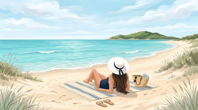 Vector illustration of a woman in a sun hat sunbathing on a sandy beach looking at a beautiful turquoise ocean landscape.