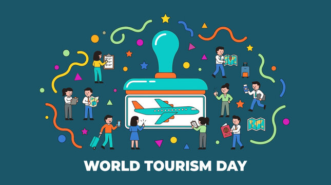 World Tourism Day Celebration Design with Airplane Stamp and Travelers