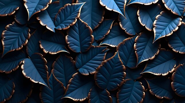 Luxury dark blue leaves with elegant gold borders arranged in a dense nature pattern. Suitable for high end cosmetic packaging, wallpaper, boutique backgrounds, and classy greeting cards.
