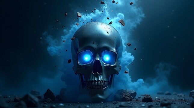 Dark fantasy metallic skull with glowing blue eyes emerging from smoke with levitating rock debris. Suitable for gaming websites, Halloween banners, book covers, and gothic metal artwork.