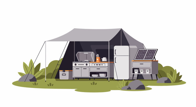 Camping tent with outdoor kitchen equipment on green grass in summer