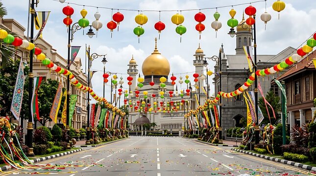Festive street with colorful lanterns leading to the golden dome of Omar Ali Saifuddien Mosque