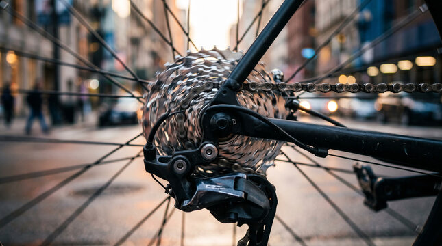 Close-up of bicycle rear derailleur and cassette on a city street