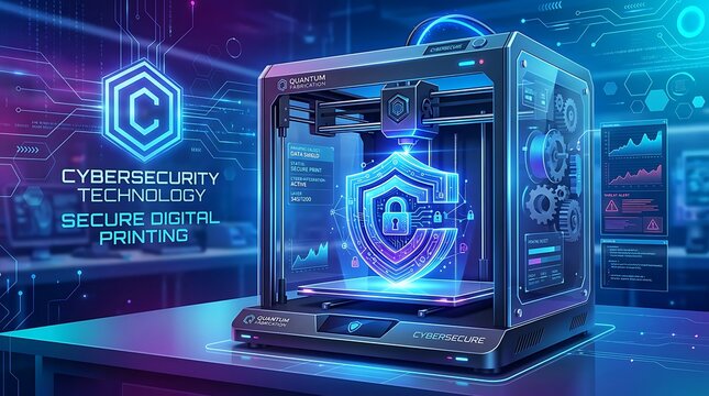 Futuristic 3D Printer Manufacturing a Glowing Neon Cybersecurity Shield for Secure Digital Printing