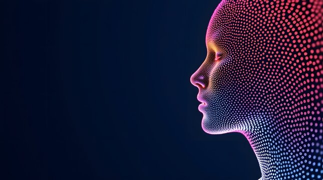Side profile of human head face silhouette composed of colorful digital glowing dots. Suitable for artificial intelligence, mental health awareness, and neuroscience presentations.