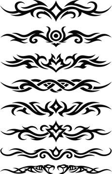 Tribal tattoo elements set vector illustration, Gothic tribal arm band and lower back tattoo set vector, Minimalist tribal ornaments, sharp borders and bike sticker design.