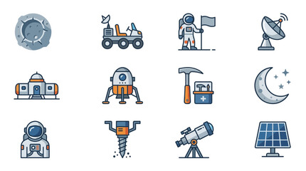 Sleek Space Exploration Icons Set Astronaut Rover Moon Satellite and Space Tools in Modern Flat Design © halim