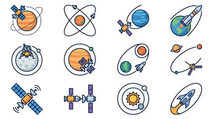 Modern Colorful Space Exploration Icons Featuring Satellites Rockets Planets and Astronauts in Vibrant Illustrations © halim