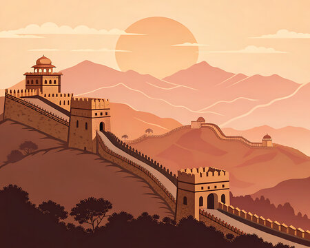 Kumbhalgarh Fort Rajasthan, modern minimal vector style, long fortress wall over hills, warm sunset tones