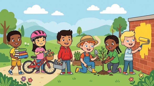 Happy kids gardening and painting together